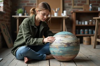 Joueuse explorant la mécanique de la Sphère de Peinture dans Clair Obscur, assise dans un atelier d'artiste