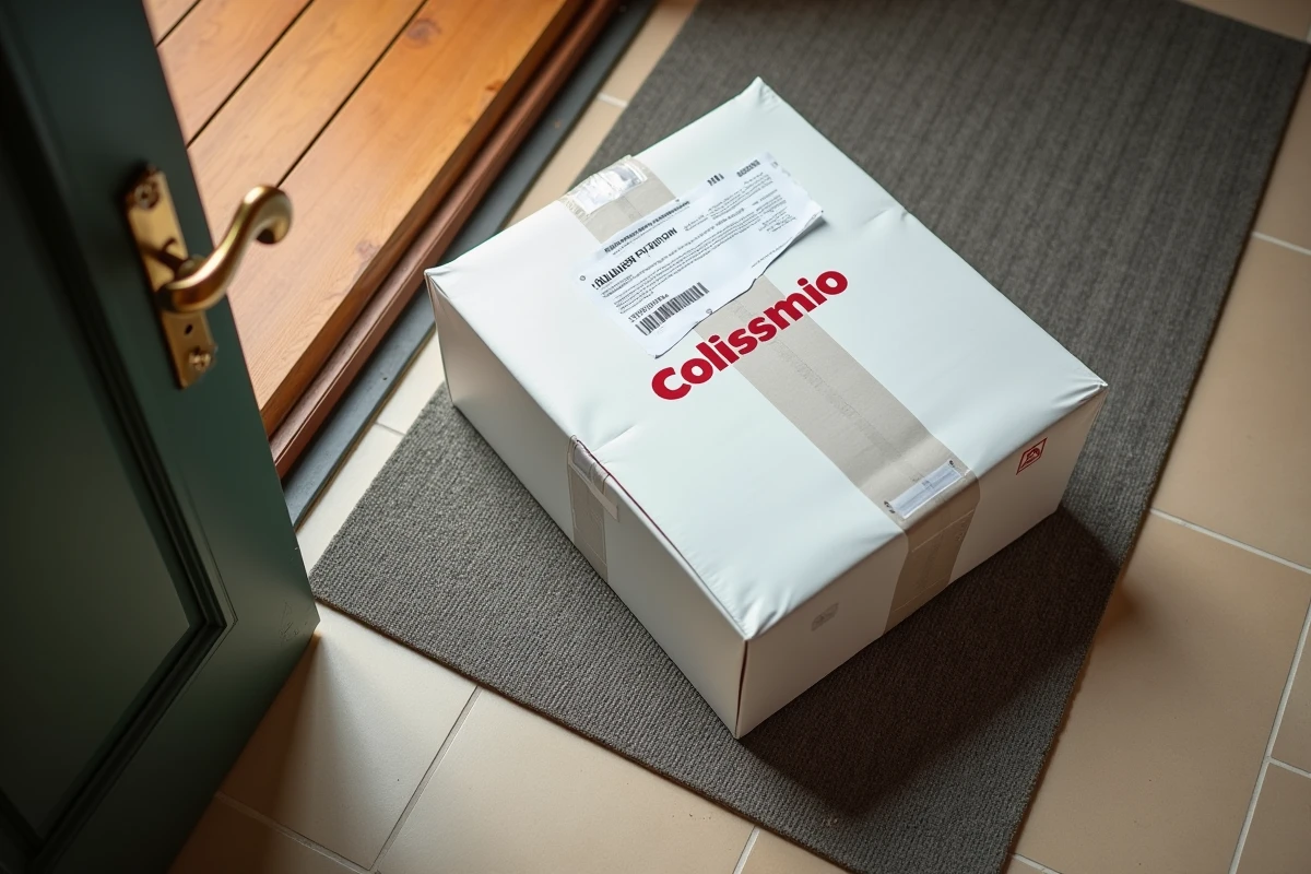 Colis Colissimo déposé devant une porte d'appartement avec avis de passage le samedi dans un couloir d'immeuble