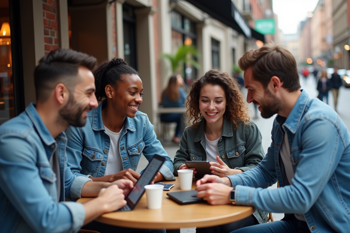 Professionnels créatifs travaillant ensemble dans un café en ville