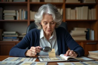 Collectionneuse de télécartes examinant une carte vintage à la loupe sur un bureau en bois avec des classeurs de collection