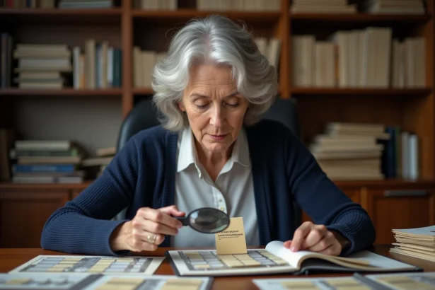 Collectionneuse de télécartes examinant une carte vintage à la loupe sur un bureau en bois avec des classeurs de collection