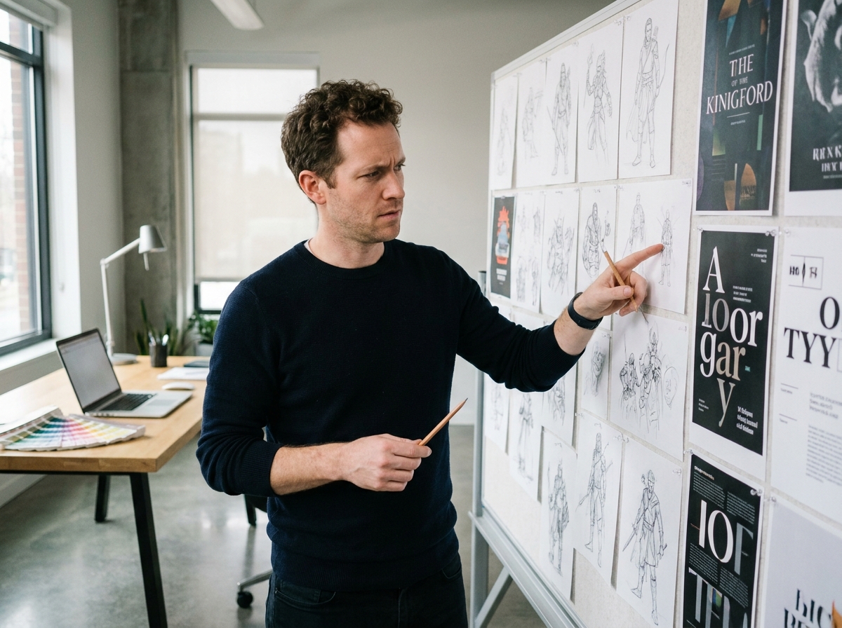 Designer comparant ses illustrations dessinées à la main avec des compositions graphiques épinglées sur un tableau mural dans un studio moderne