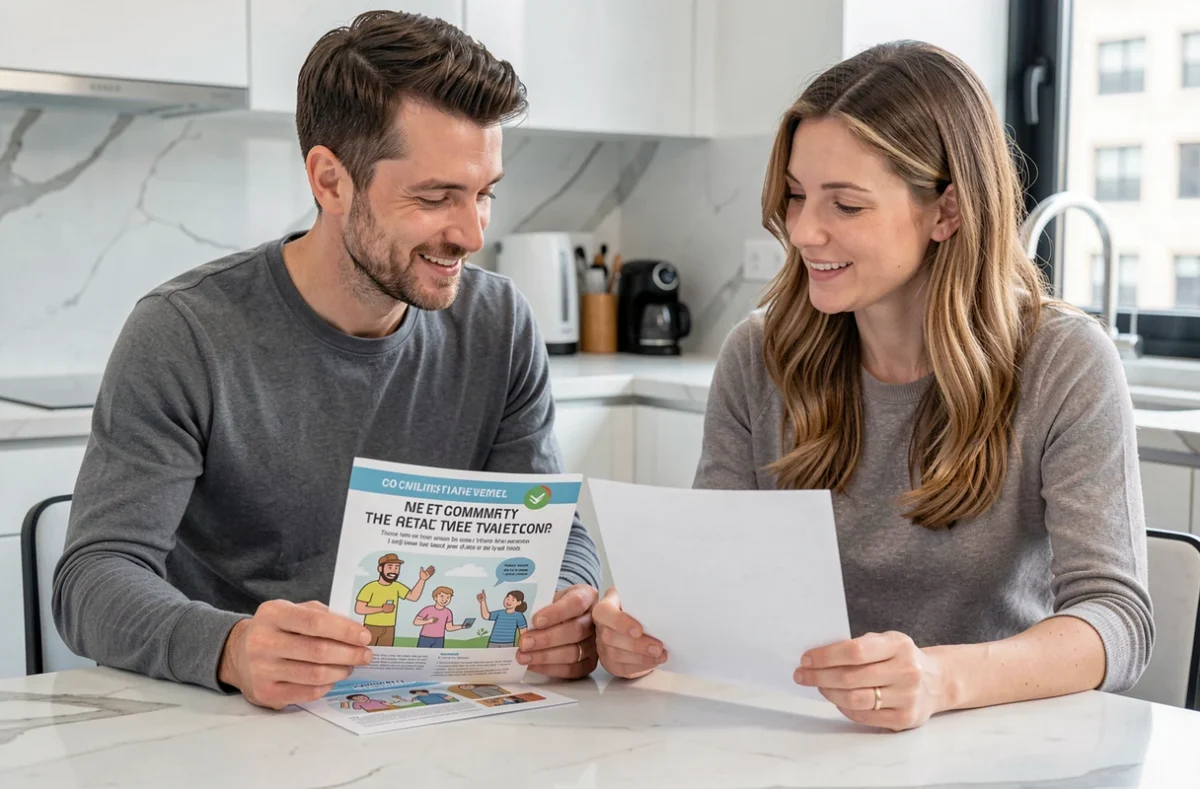 Deux adultes comparant un guide officiel illustré et une solution fan-made imprimée pour le jeu Rooms and Exits, attablés dans une cuisine moderne