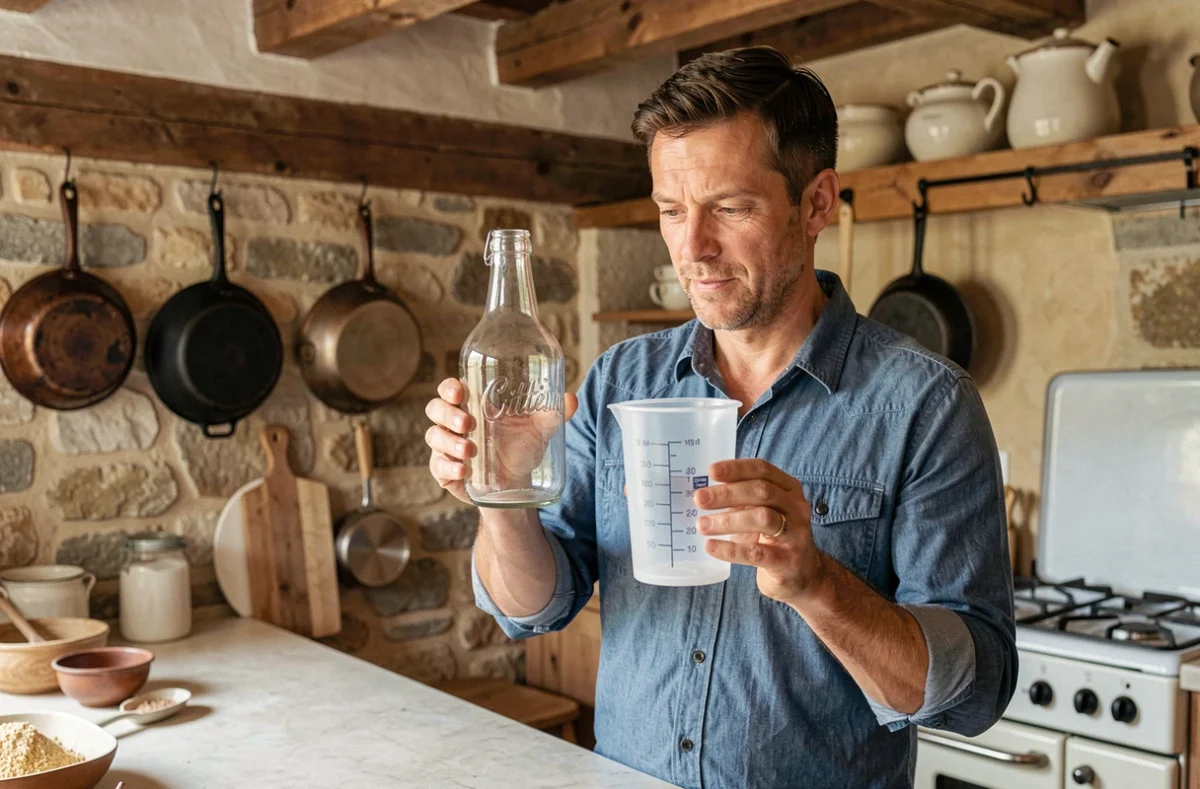 Homme comparant une bouteille d'un litre et un verre doseur en millilitres dans une cuisine de ferme rustique avec poutres apparentes