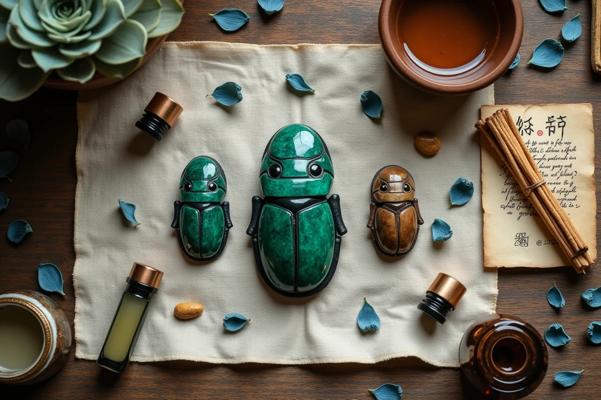 Vue aérienne d'une composition rituelle avec des scarabées en malachite, os et cuivre entourés de pétales de lotus séchés et d'encens