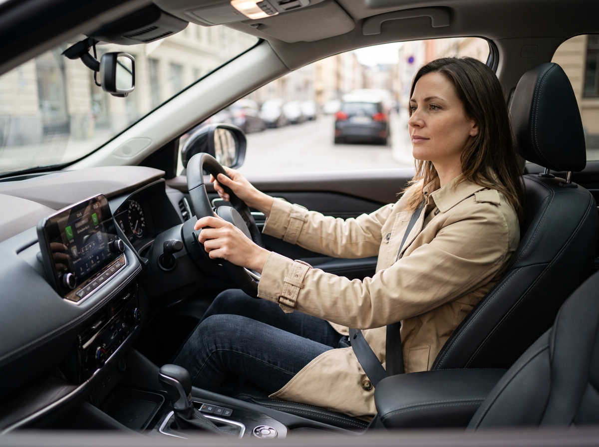 Femme au volant d'un petit SUV urbain, intérieur moderne avec écran tactile et finitions soignées, ambiance quotidienne et détendue