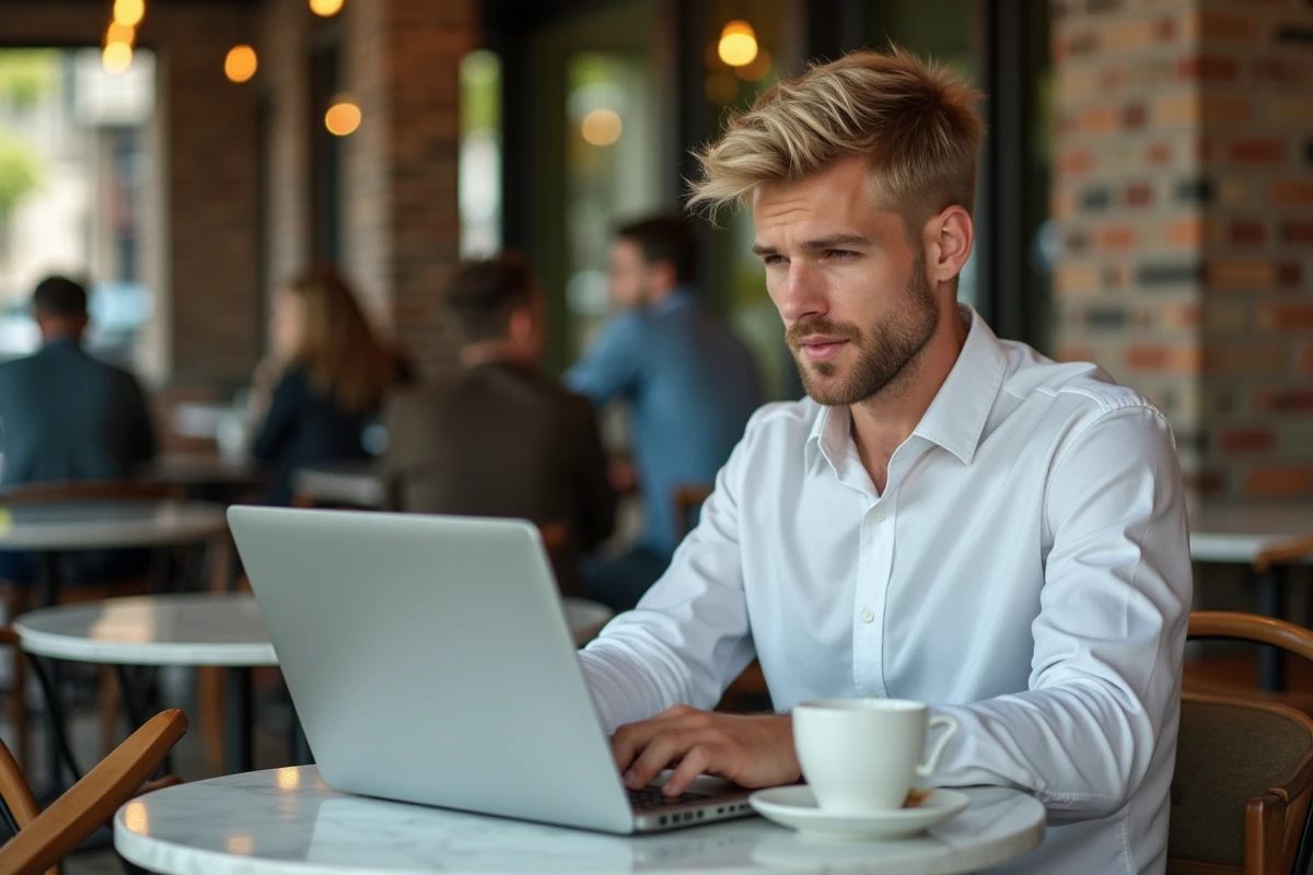 Jeune homme configurant les paramètres DNS de son navigateur dans un café pour accéder à un site bloqué