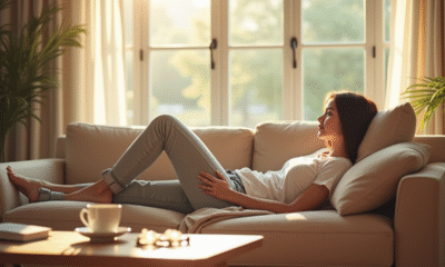 Personne relaxant sur un canapé beige en lumière naturelle