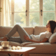 Personne relaxant sur un canapé beige en lumière naturelle