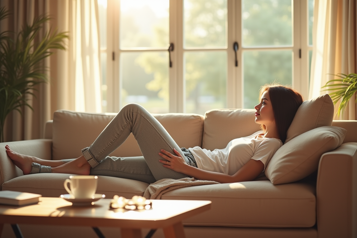 Personne relaxant sur un canapé beige en lumière naturelle
