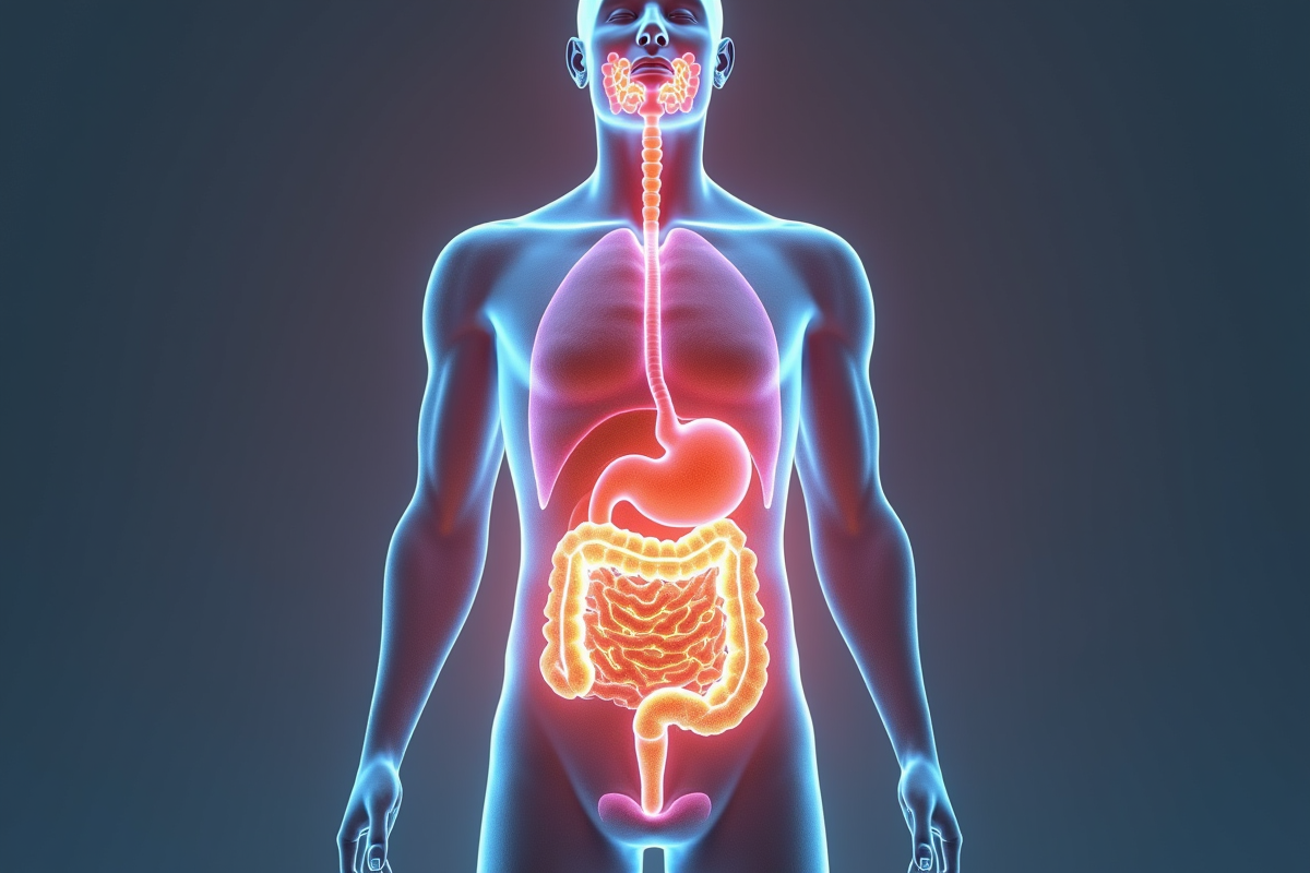 Corps humain avec microbiome intestinal coloré