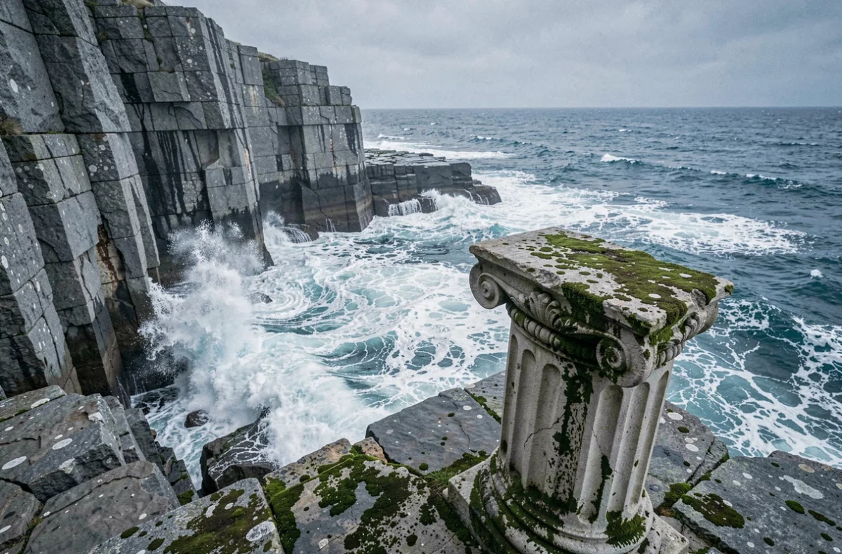Falaises rocheuses battues par les vagues de la mer Méditerranée évoquant le règne de Poséidon dieu des océans et des tremblements de terre