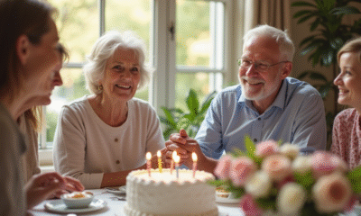 Couple d'anciens souriants lors d'une fête d'anniversaire avec gâteau et fleurs