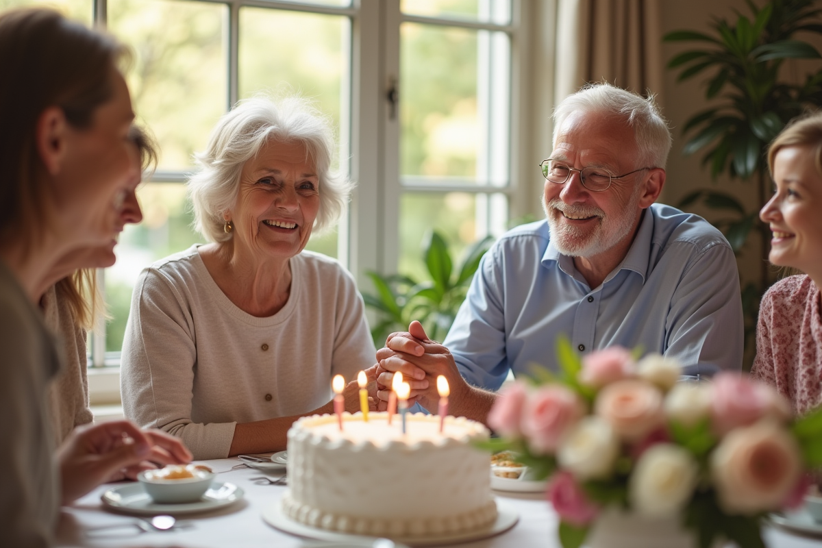 Couple d'anciens souriants lors d'une fête d'anniversaire avec gâteau et fleurs