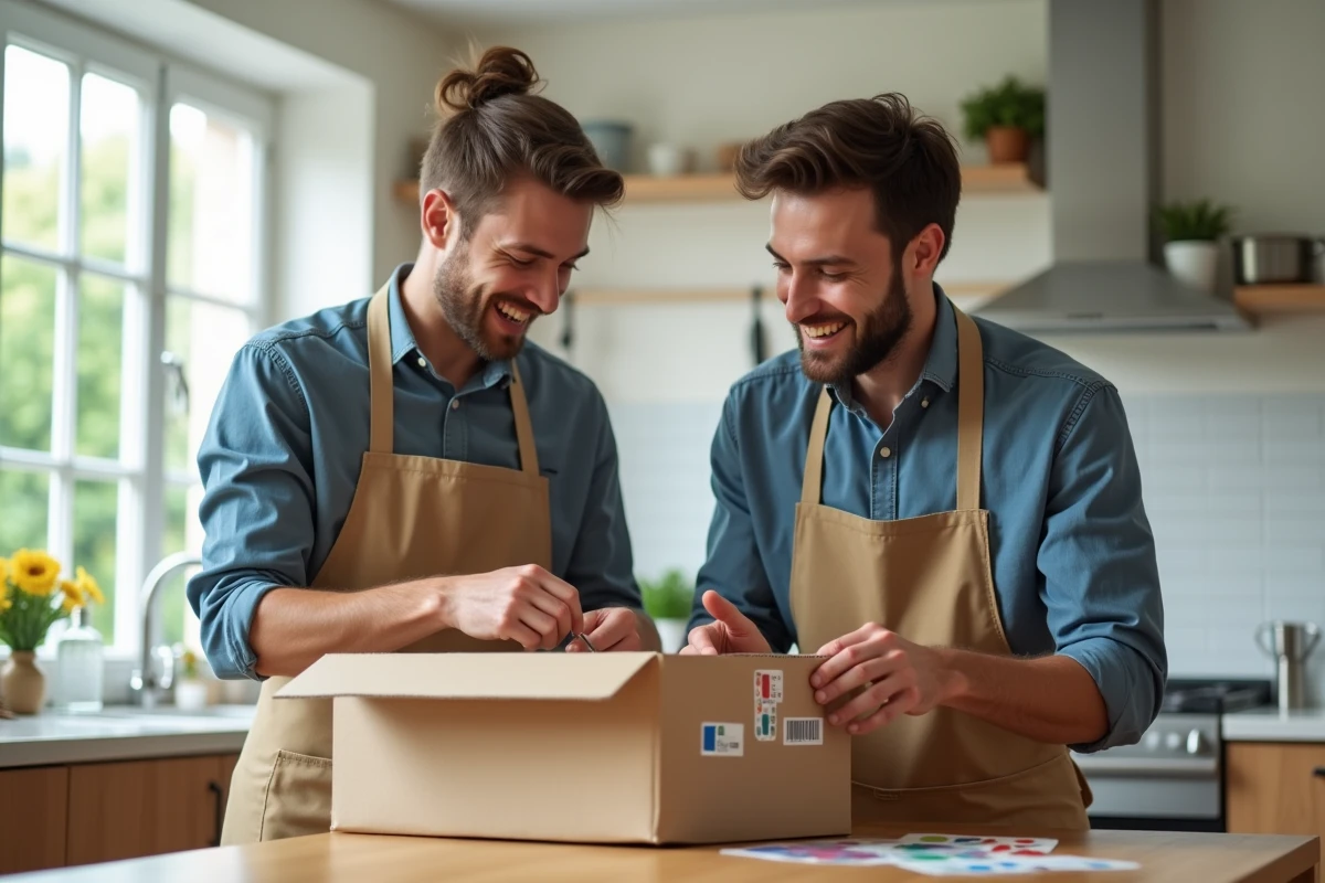 Jeune couple découvrant des ustensiles de cuisine ensemble