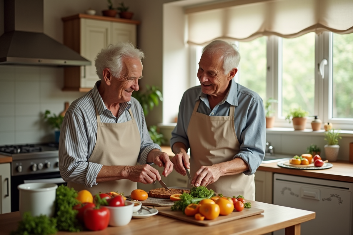 Couple de seniors préparant un repas dans la cuisine lumineuse