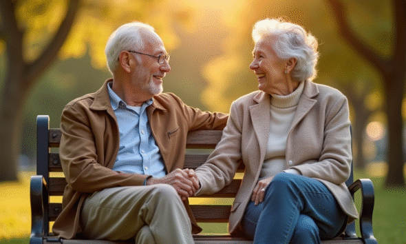 Couple de seniors souriants sur un banc en plein air