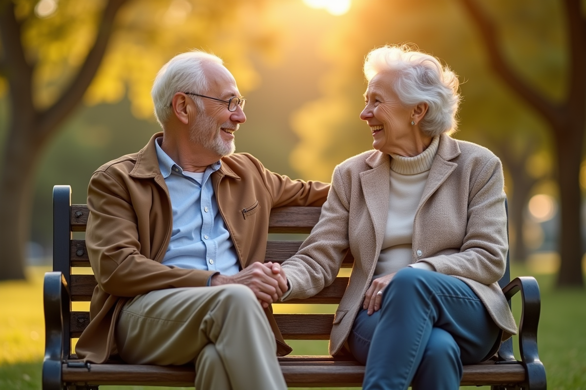 Couple de seniors souriants sur un banc en plein air