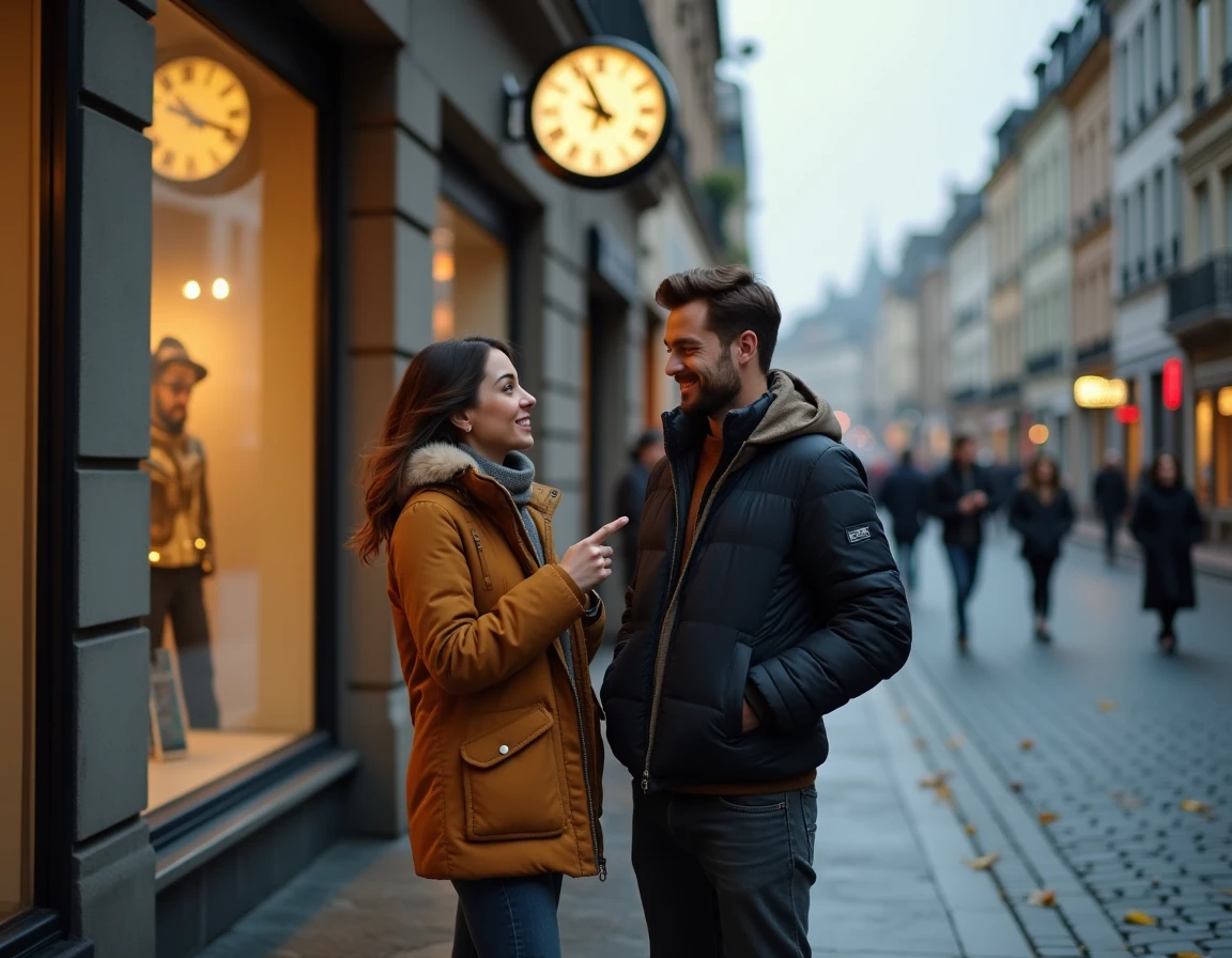 Couple en ville regardant une horloge affichant 18h18 avec des expressions amusées et interrogatives