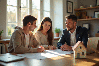 Jeune couple avec conseiller bancaire en cuisine