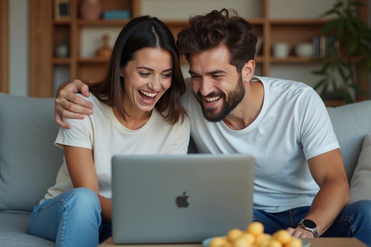 Couple consultant ensemble les résultats du Keno midi et soir sur un ordinateur portable dans un salon moderne