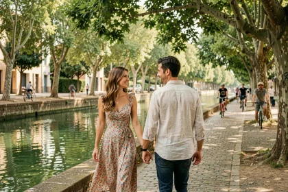 Couple romantique se promenant main dans la main le long du Canal du Midi à Toulouse sous les platanes