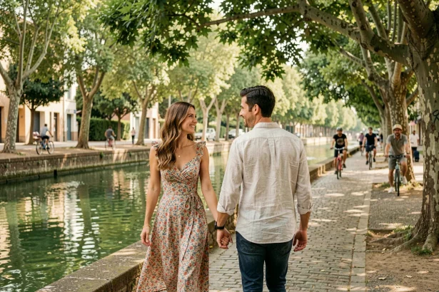 Couple romantique se promenant main dans la main le long du Canal du Midi à Toulouse sous les platanes