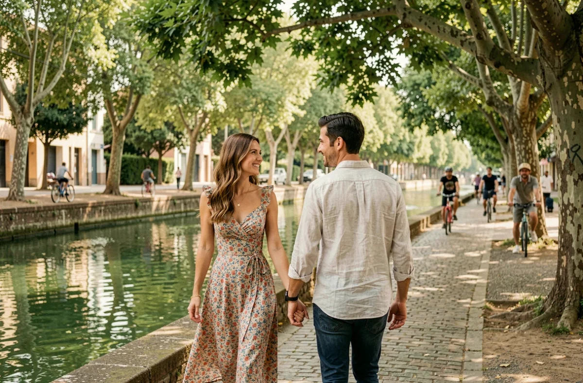 Couple romantique se promenant main dans la main le long du Canal du Midi à Toulouse sous les platanes