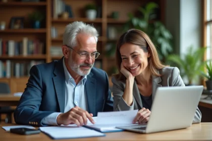 Couple d'adultes travaillant à domicile dans un intérieur moderne