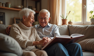Couple âgé souriant regardant un album photo dans un salon chaleureux