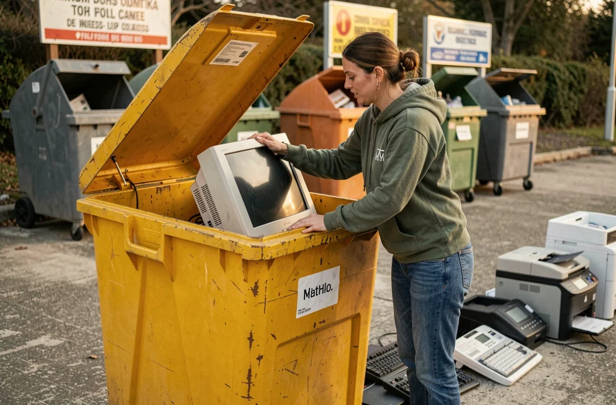 Femme déposant un vieux moniteur dans un bac de collecte de déchets électroniques en déchetterie
