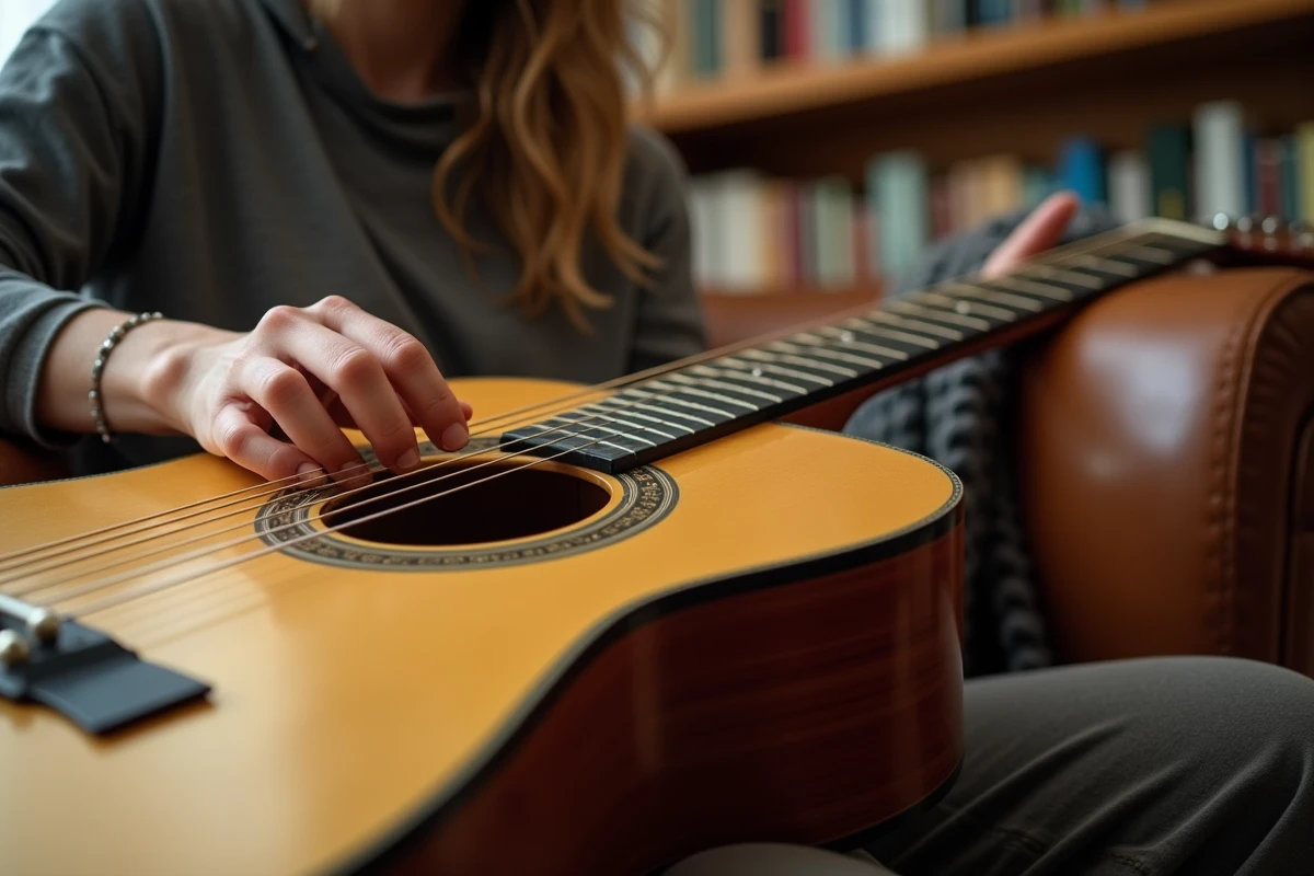Gros plan sur les détails de fabrication d'une guitare acoustique Atlantic posée dans un salon