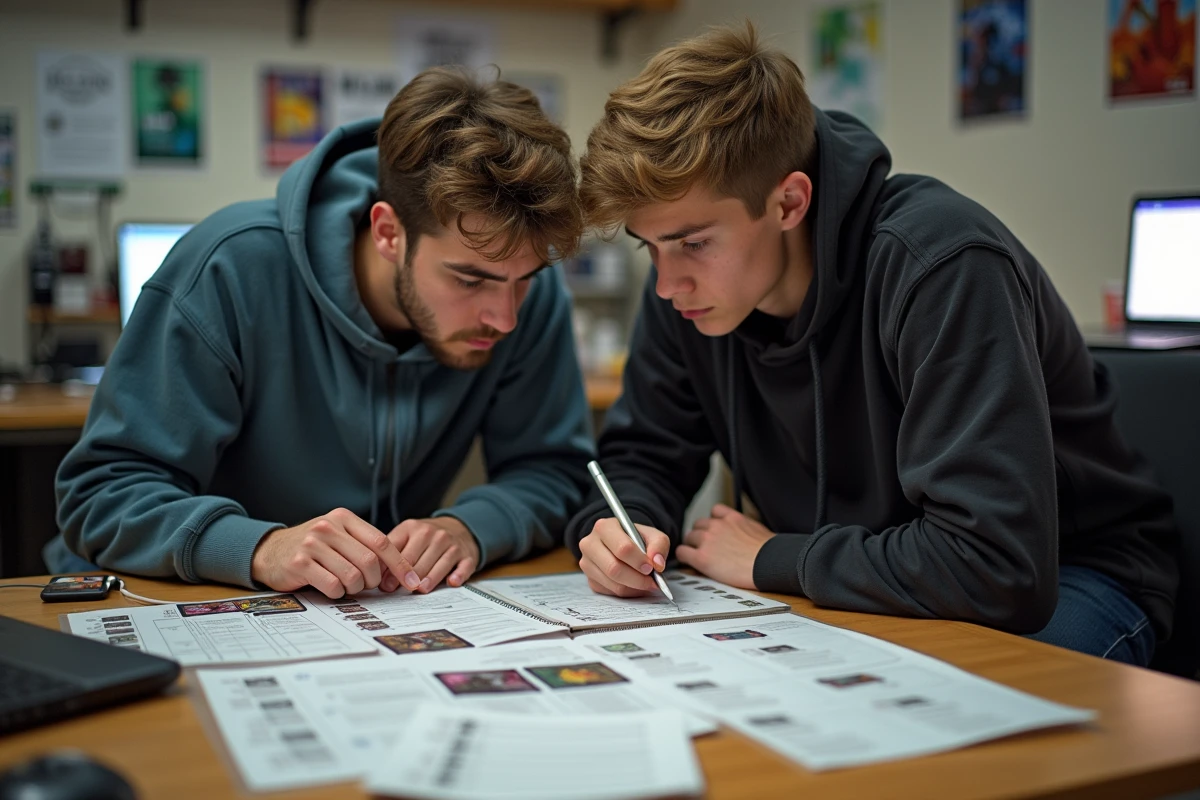 Deux joueurs F2P élaborant ensemble une stratégie de deck Clash Royale avec des notes et tier lists en 2026
