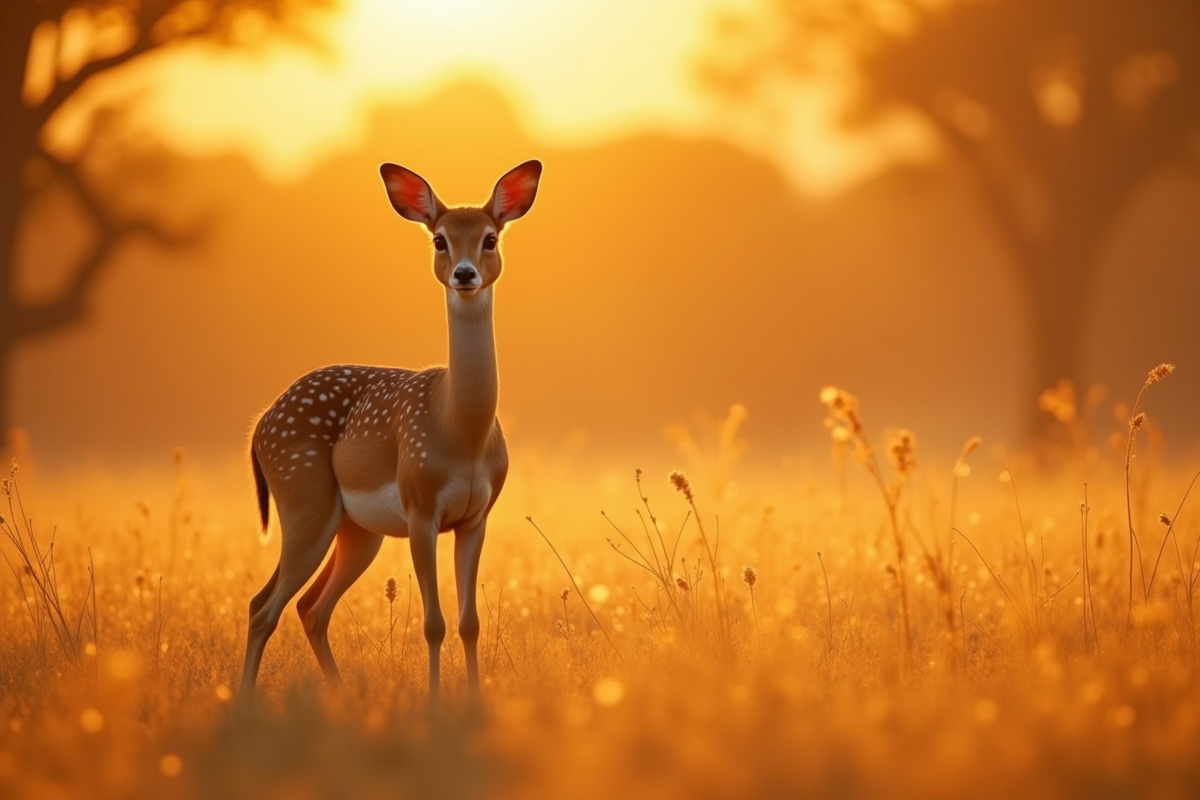 Dikdik debout dans la savane dorée au lever du soleil
