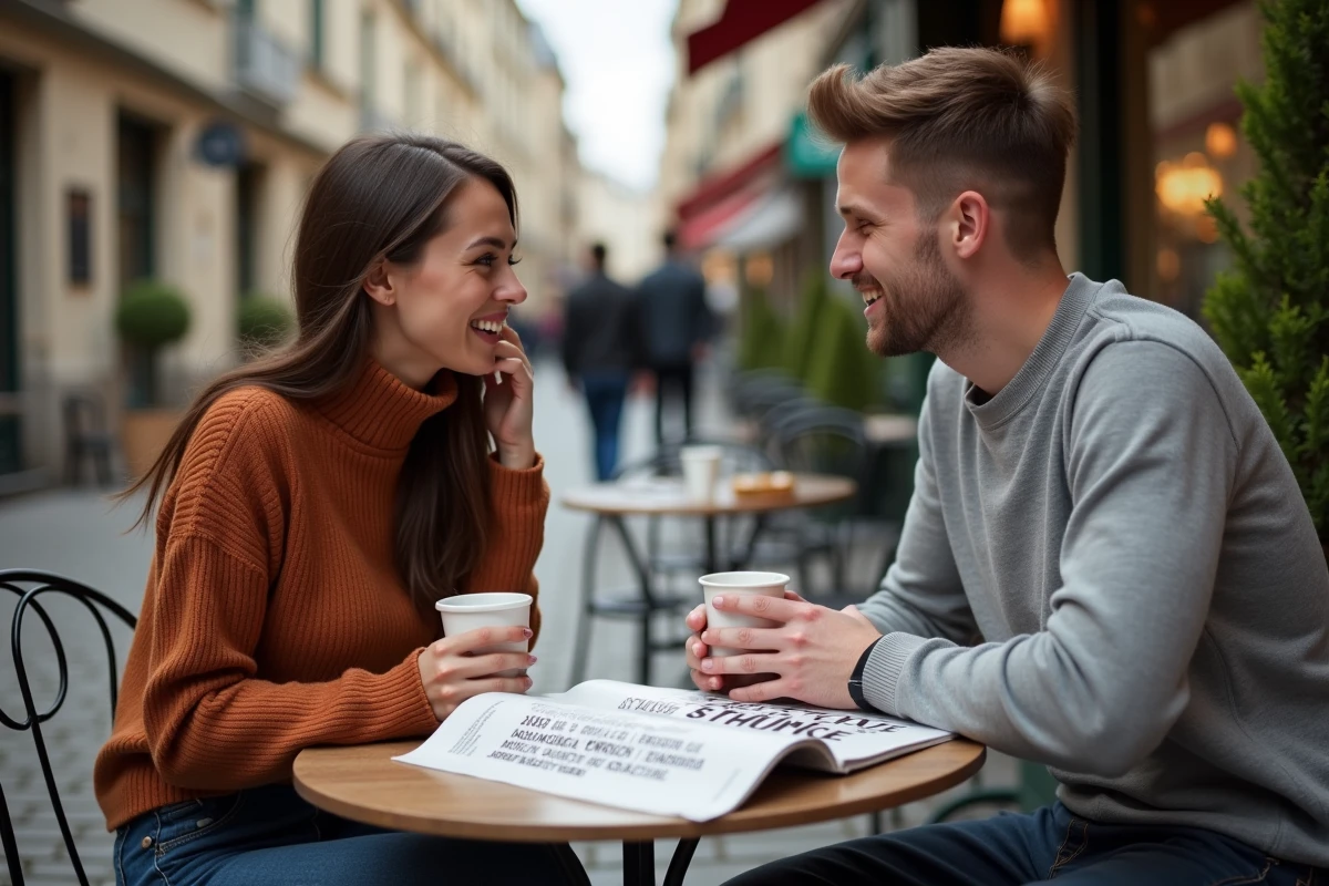 Deux jeunes adultes discutant de figures de style autour d'un magazine posé sur une table de café en terrasse parisienne
