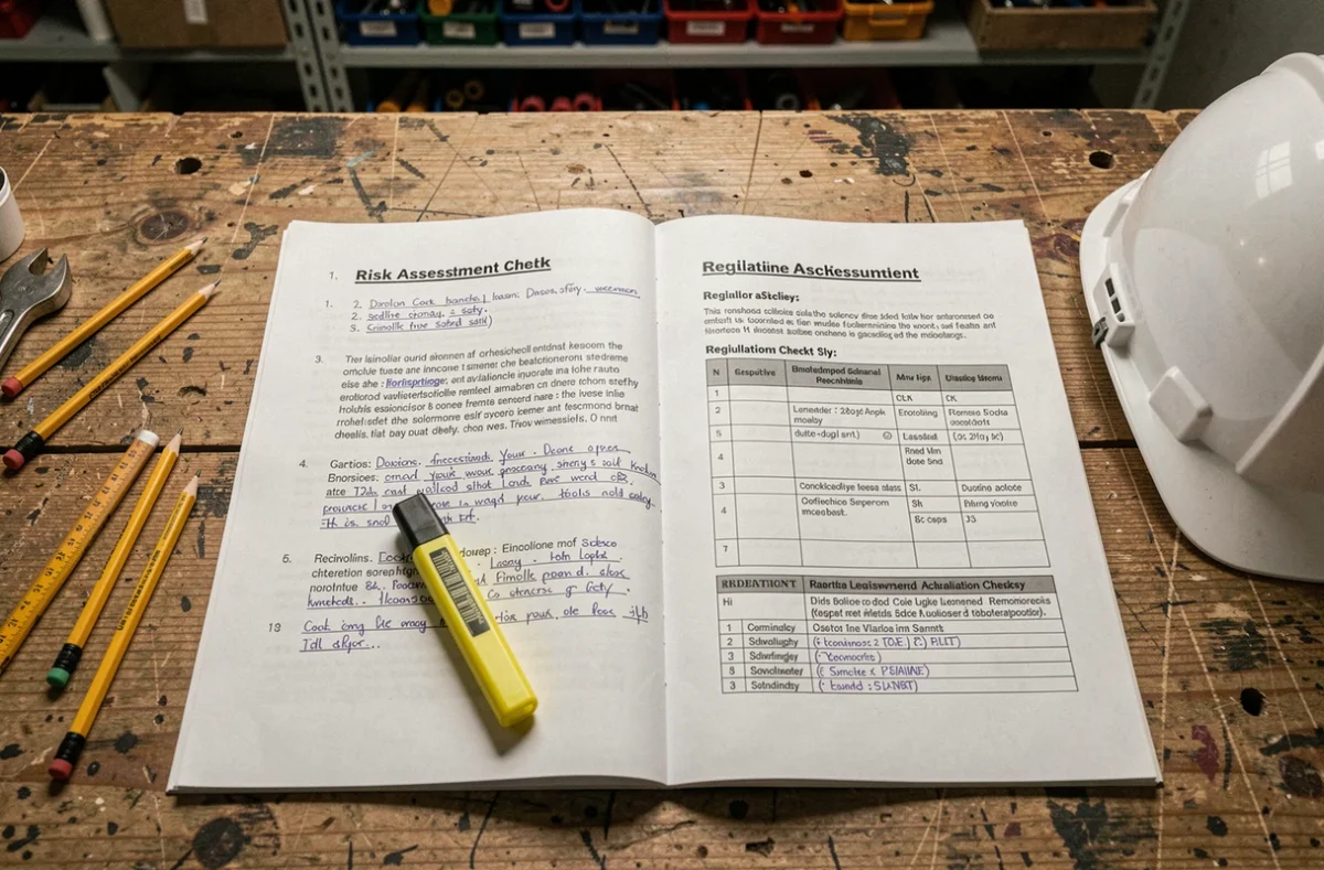 Document unique ouvert avec notes manuscrites sur la réglementation des échelles crinoline posé sur un établi