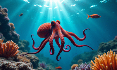 Dumbo octogriffe nageant près de coraux colorés avec lumière solaire