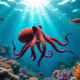 Dumbo octogriffe nageant près de coraux colorés avec lumière solaire