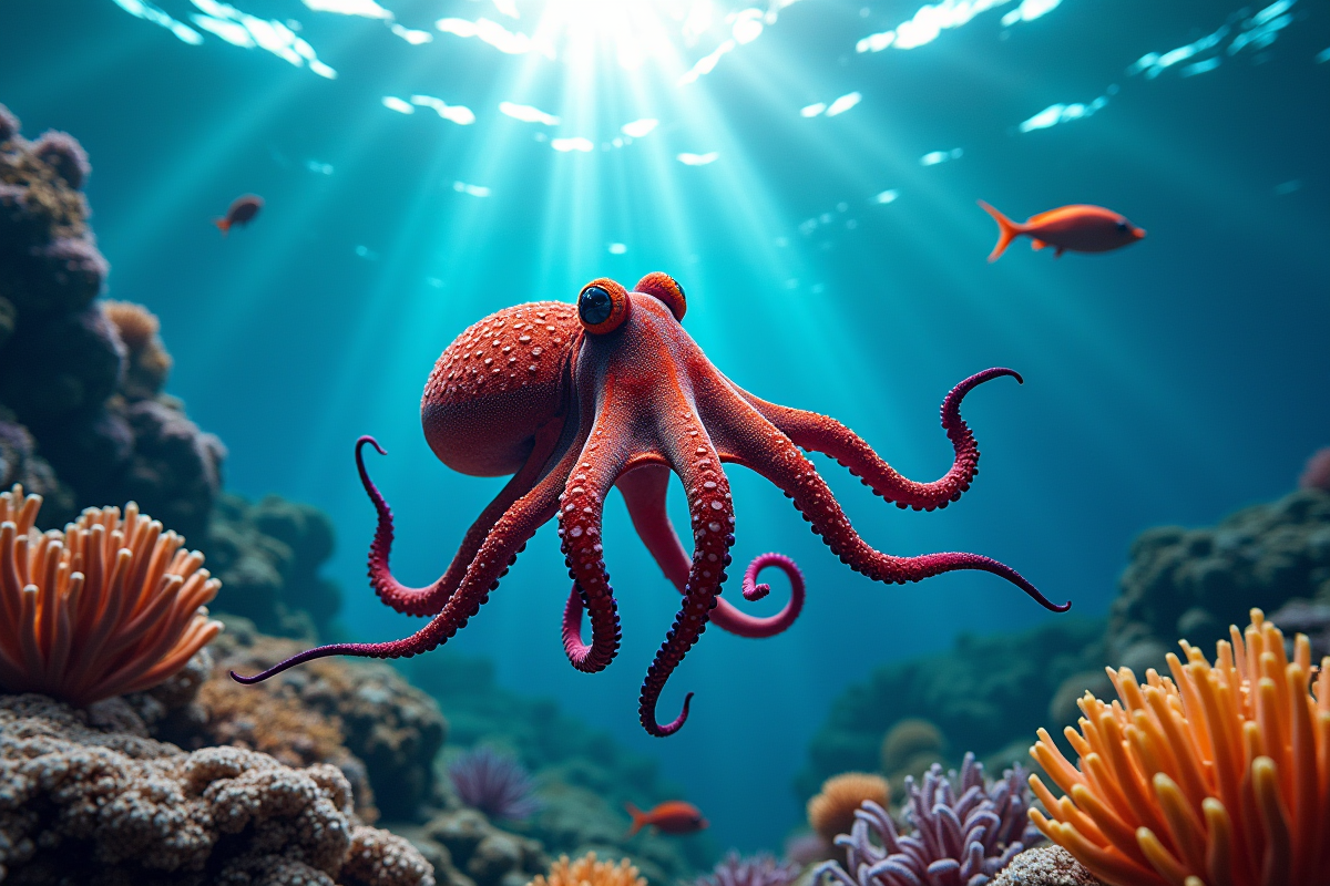 Dumbo octogriffe nageant près de coraux colorés avec lumière solaire
