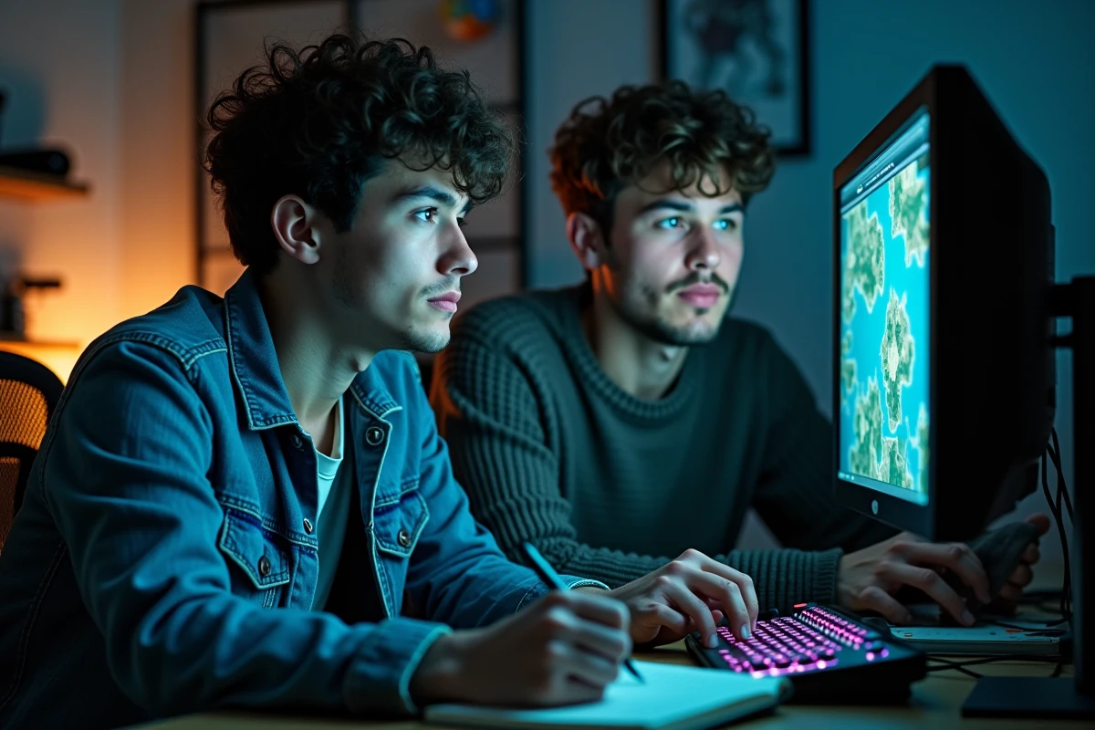 Deux joueurs analysant ensemble une carte de jeu fantasy sur double écran, représentant la recherche de stratégies optimales pour éviter les erreurs lors du leveling mineur dans Dofus