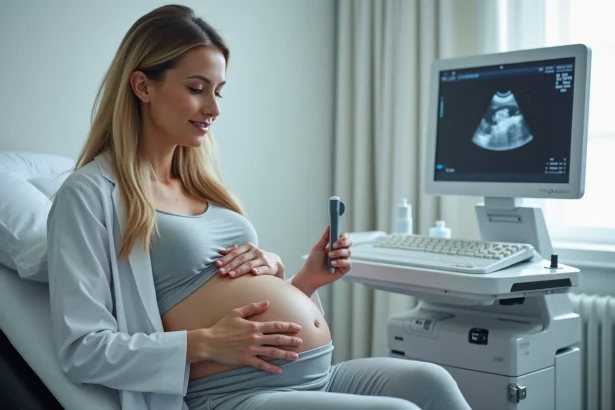 Femme enceinte lors d'une échographie dans un centre médical de proximité, avec une échographiste professionnelle