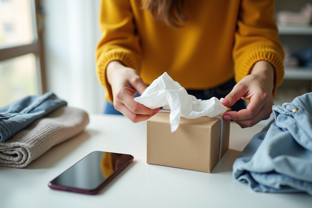 Jeune femme emballe vetements pour Vinted avec soin