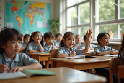 Groupe d enfants d ecole primaire en classe lumineuse