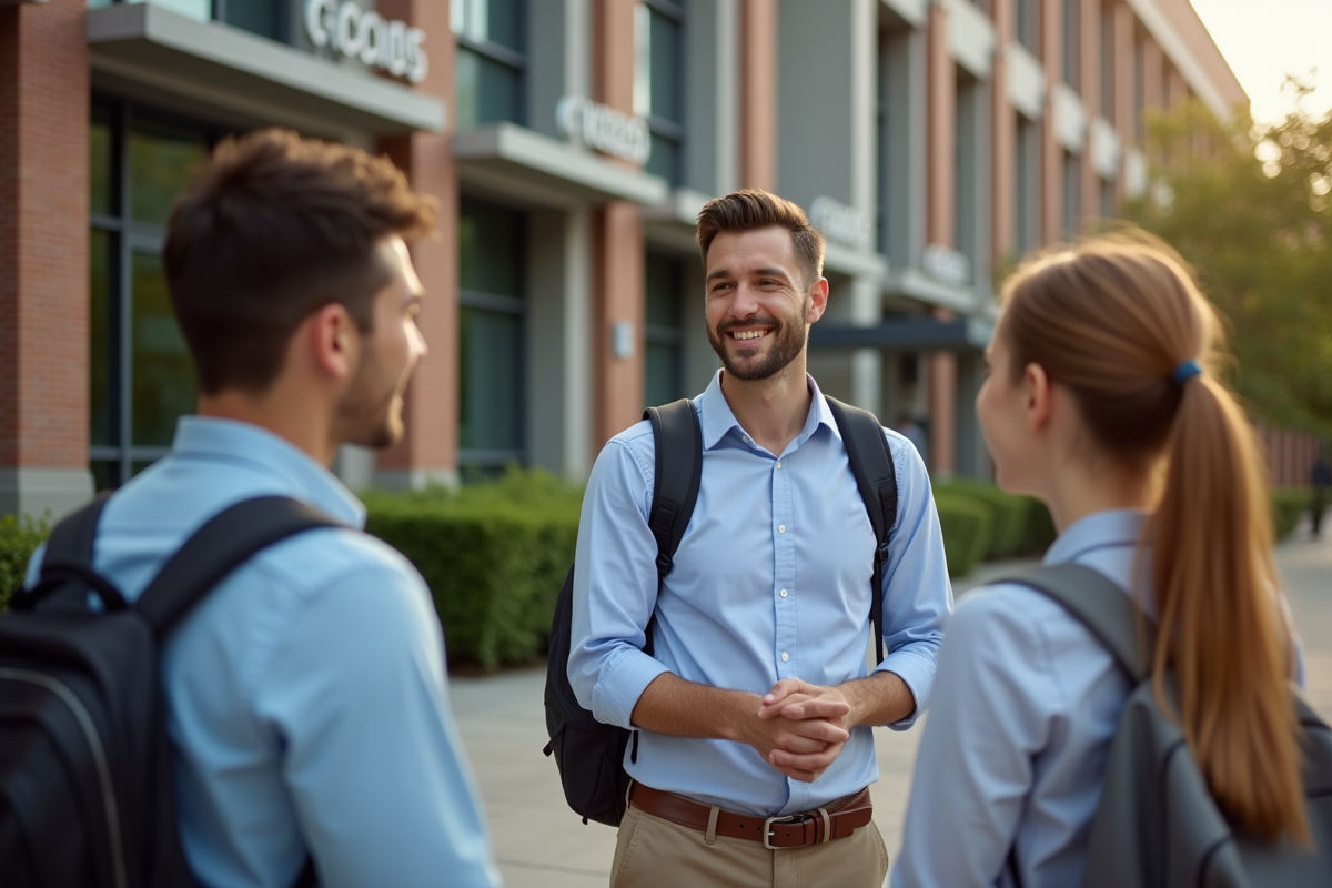 Jeune enseignant avec lyceens devant ecole moderne