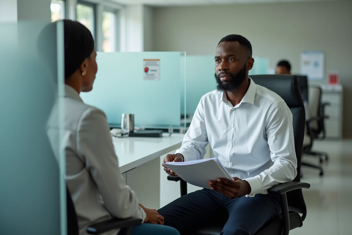 Homme immigrant lors d'un entretien de naturalisation dans une préfecture française avec un fonctionnaire