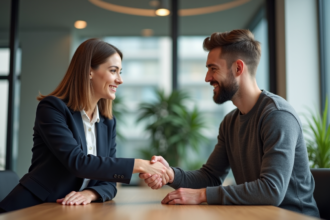 Deux professionnels se serrant la main dans un bureau moderne
