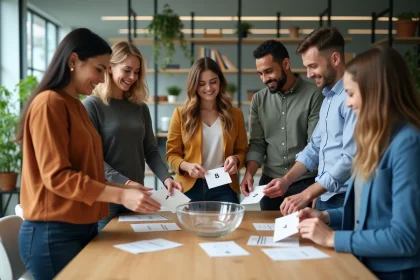 Groupe diversifié de six personnes autour d'une table en réunion