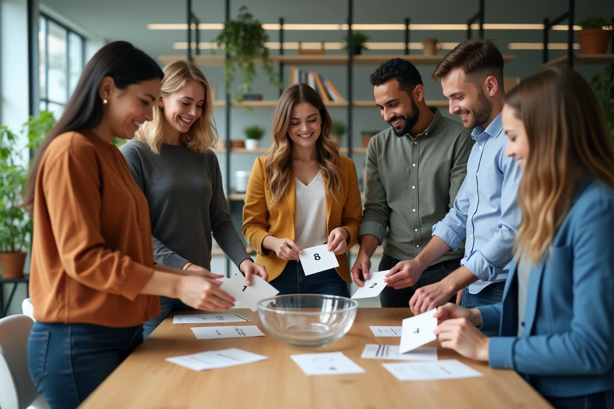 Groupe diversifié de six personnes autour d'une table en réunion