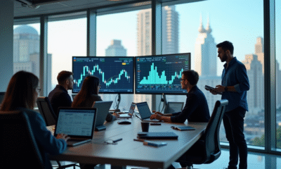 Equipe fintech moderne dans un bureau lumineux avec écrans financiers