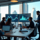 Equipe fintech moderne dans un bureau lumineux avec écrans financiers